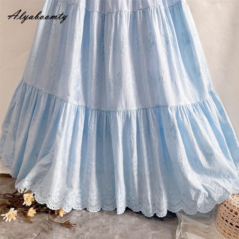 Prairie Chic Frühling Sommer Damen Blauer Midi-Rock Hohe Taille Ausgeschnitten Stickerei Rock Elegant Feminin Baumwolle Süße Röcke Damen
