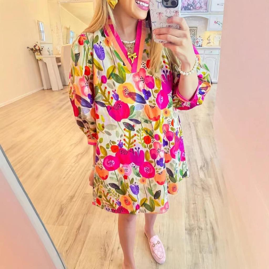 European & American Casual Floral Patchwork Color Block Dress (2026 Hot Seller)