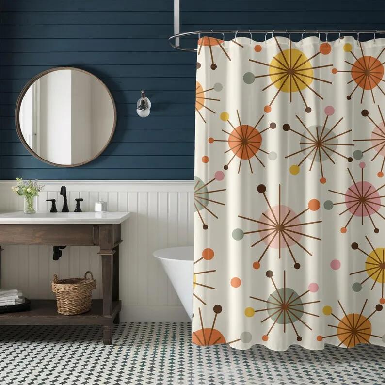 Mid Century Modern Shower Curtain - Retro Geometric, 50s MCM, Lime, Cream, Green, Mustard & Rust, Colorful Bath Decor