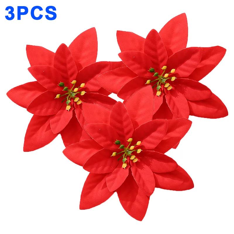 10/1PCS Christmas Poinsettia Flowers Artificial Red Rose Heads Flower Xmas Tree Ornaments For Home Navidad New Year Decoration