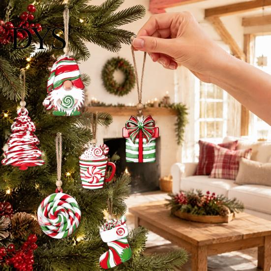 Handmade Wooden Ornaments for Holidays 12/24/36 Pcs Christmas Set, Red Green Striped Candy Cane Tree Country Style Decorations, Xmas Hanging