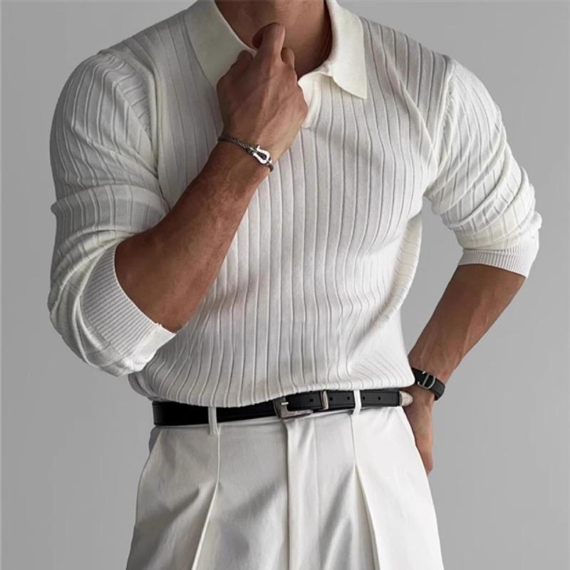 Jaro a podzim Nové pánské jednobarevné žebrované strečové pulovry s klopou Slim pletené tričko