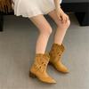 2025 new short boots women's western cowboy boots embroidered hollow women's thick heel V mouth ethnic style retro knight boots women