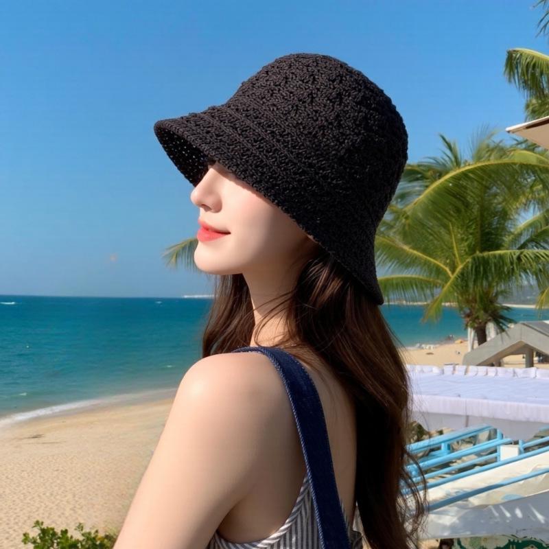 Women's Summer Colorful Knitted Bucket Hat - Fashionable, Hollow Design, Versatile, Sun Protection for Outdoor Travel