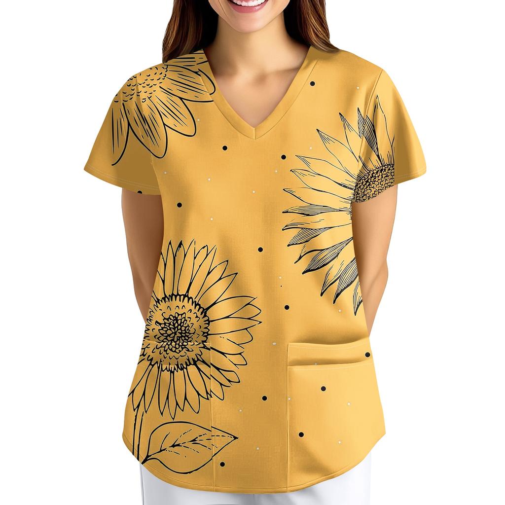 Plus SizePrinted Scrub Working Uniform Tops For Women's Cross V-Neck Print Short Sleeve Fun T-Shirts Workwear Tee With Pockets