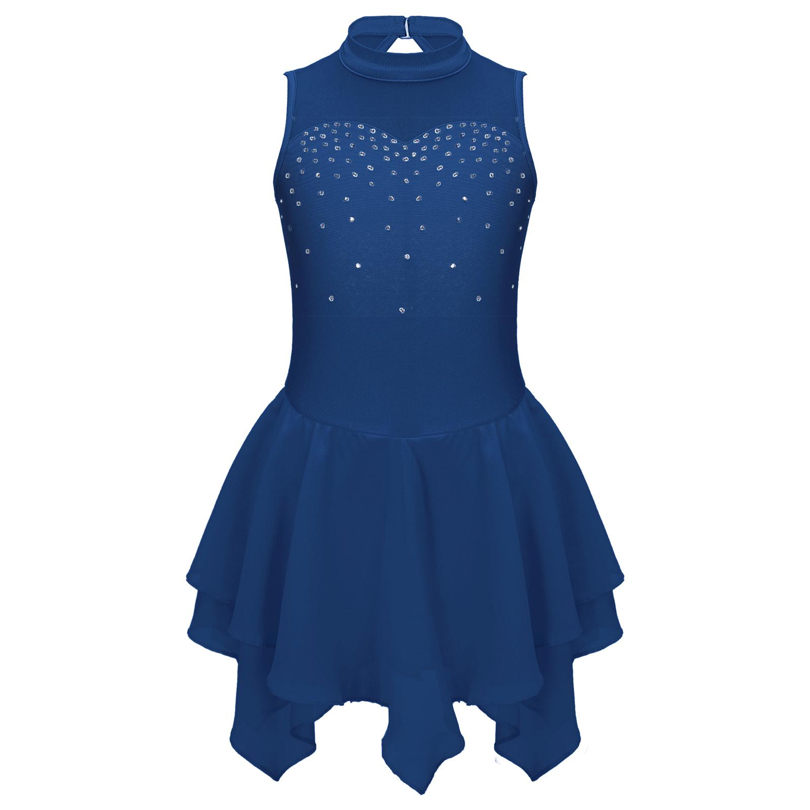 

Kids Girls Athletic Dance Dress Round Neck Mesh Patchwork Hollow Back Design for Shows темно-синього кольору