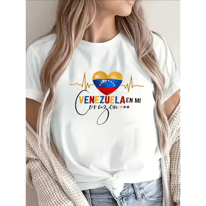 

European size Black Short Sleeve T-Shirt | Venezuela in My Heart Design, National Flag Heart Pattern, Lightweight and Durable, Crew Neck S белый