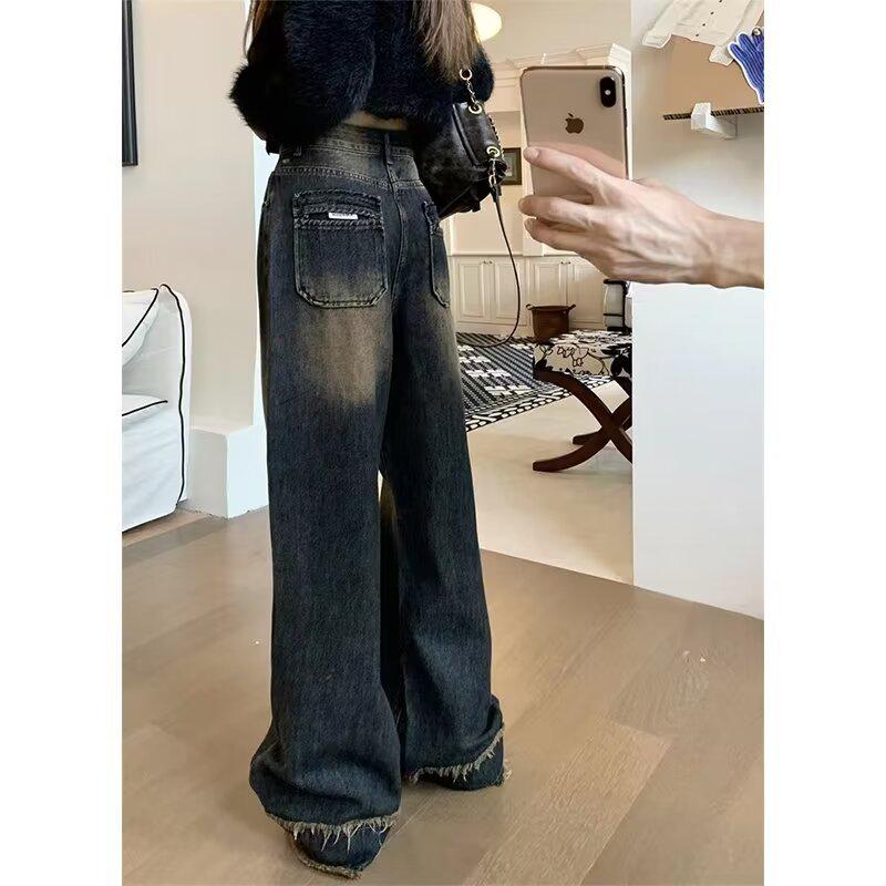 Women's High-Waist American Retro Distressed Wide-Leg Jeans for Spring