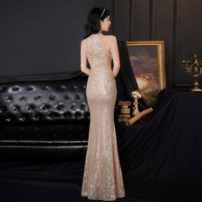 Golden Evening Dress 1011 New Light Luxury Niche Neck Temperament Celebrity Fish Tail Waist Banquet Dress Bright
