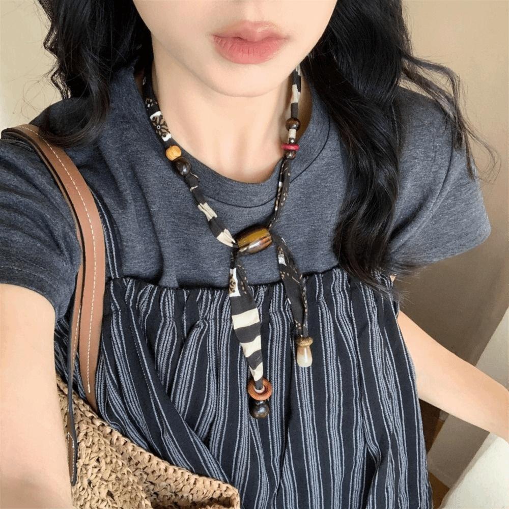 Strip Cloth Chain Necklace Multicolor Bohemian Choker Retro Wood Bead Necklace  Gift