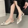 Pointed Toe Square Buckle Low Heel Baotou Sandals Women's New Versatile Block Heel Patent Leather Back Empty Single Shoes
