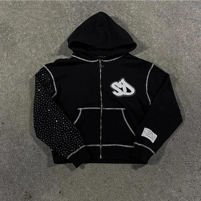 ZYLLO American Fashion Embroidery Personality Flash Diamond Oversize Zipper Hoodie Men Y2K New Harajuku Gothic Casual Sweatshirt