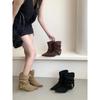 Kitten and Pointed Pleated Straps Stacked Boots Retro Suede Flanged Metal Buckle Strap Fashion Short Boots