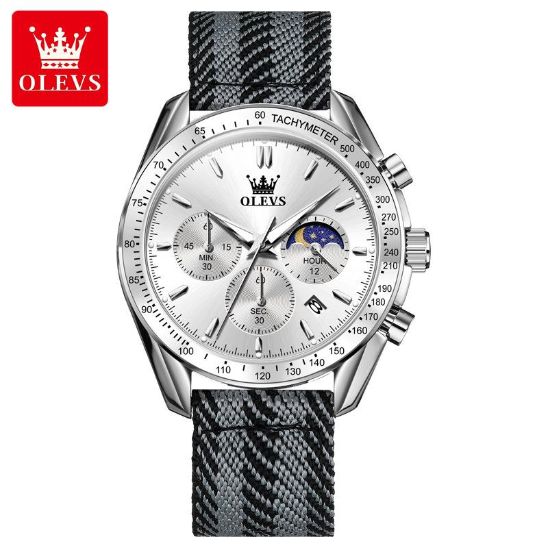 OLEVS New Luxury Man Watch Fashion Nylon Fabric Strap Original Quartz Watch for Men Moon Phase Chrono Multifunction Men's Watch