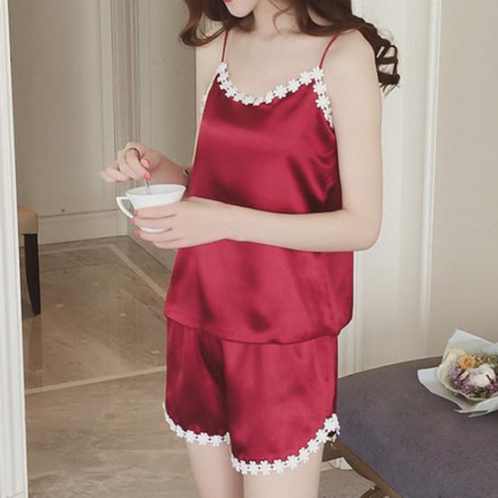 Sleepwear Set Breathable Stretchy Waist Imitation Silk Spaghetti Strap Backless Nighty Suit Sleeping Clothing