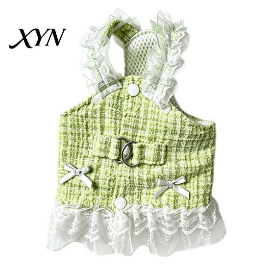 Spring Dog Clothing Sleeveless Tweed Dress, Ruffled Pet Dress with Lace Breathable Mesh Apparel Trim, Cute Summer Harness for Small Dogs Stylish
