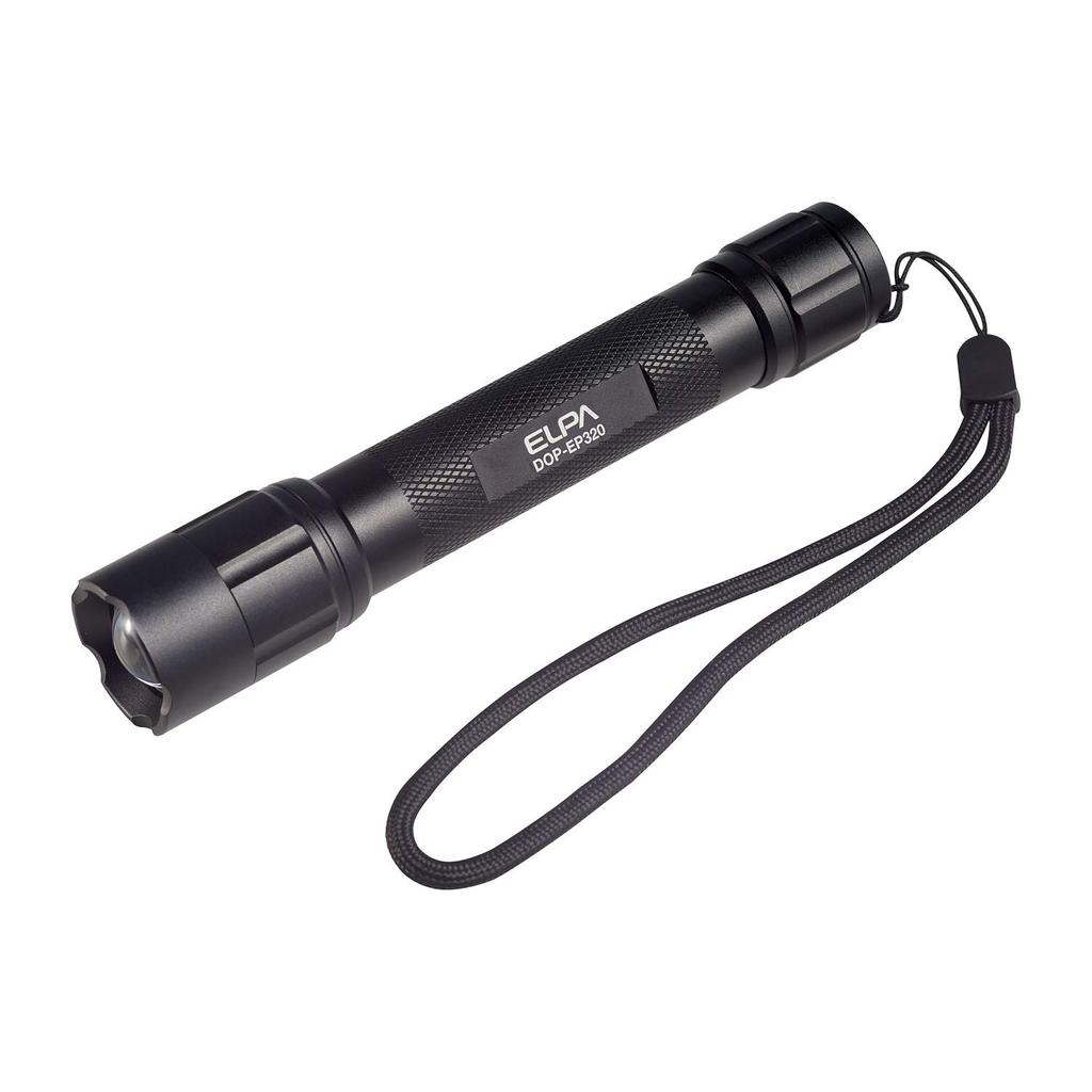 ELPA Waterproof LED Aluminum 200lm with Hand Strap Flashlight, (Black/Battery-Powered), (DOP-EP320)