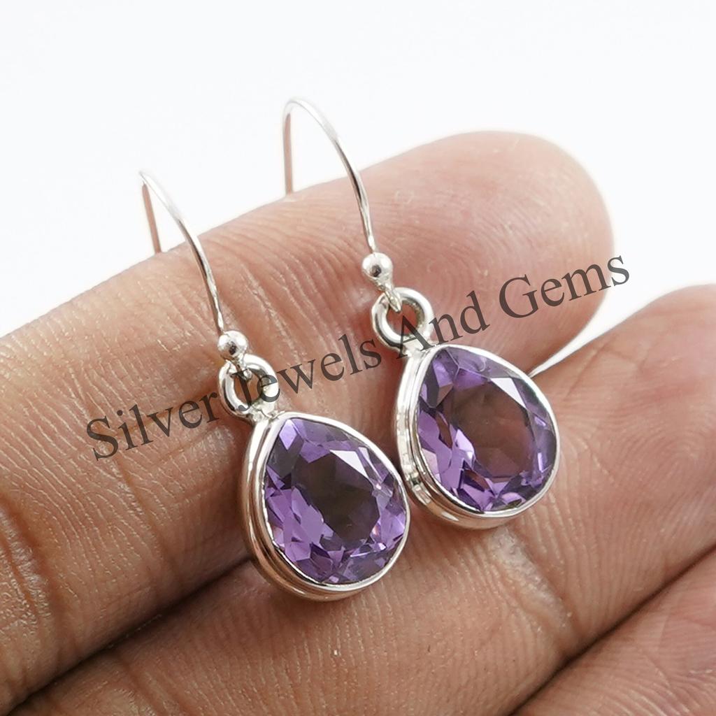 Natural Amethyst Earrings-Handmade Silver Earrings-925 Sterling Silver-Teardrop Amethyst Earrings-February Birthstone-Dangle Drop Earrings