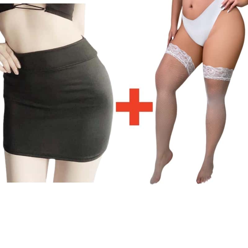 2PCS/SET Women High Waist Pencil Mini Skirts+Stockings Dress Set,Sexy Casual Wrap Hips Black Short Skirt and Pantyhose