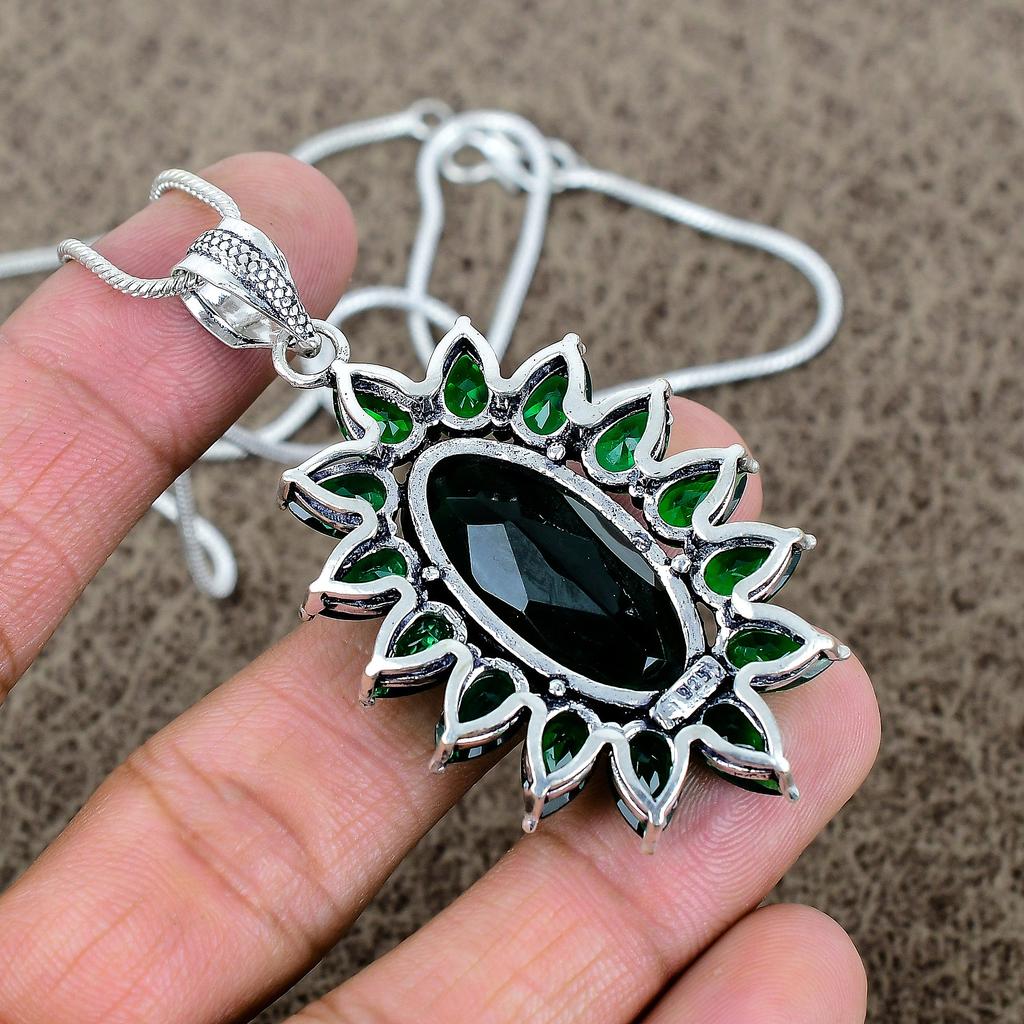 Chrome Diopside Gemstone Handmade 925 Sterling Silver Jewelry Pendant 2.48" KKG-285
