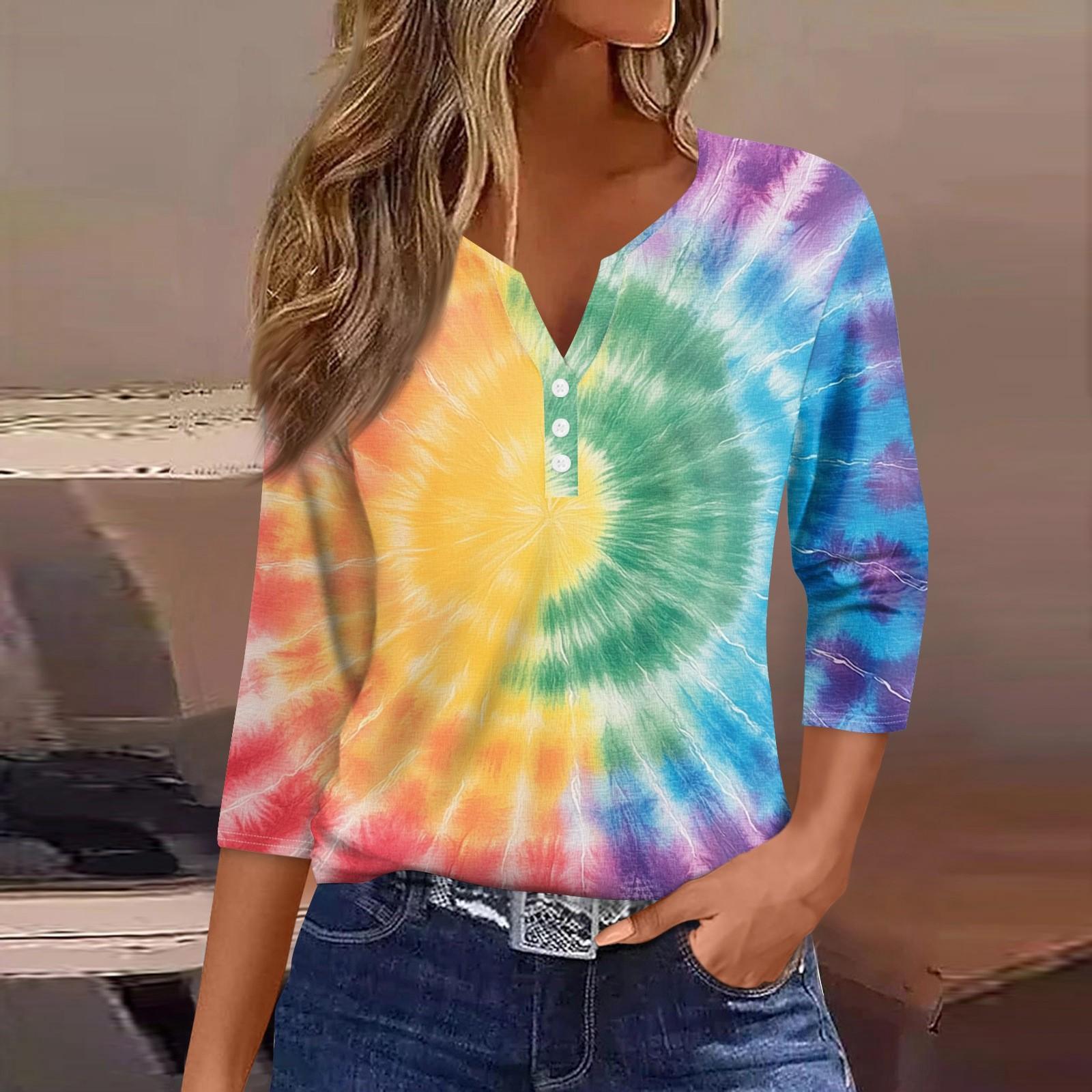 

Женская футболка с принтом на пуговицах, рукав 3/4, туника, повседневная мода на выходные, базовый топ с V-образным вырезом M