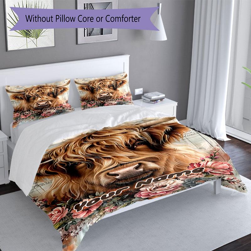 3PC Custom Name Highland Cow Floral Art Bedding Set Printed Bedding Set Duvet Cover Closure Includes 1 Duvet Cover & 2 Pillowcases for All Seasons Bed