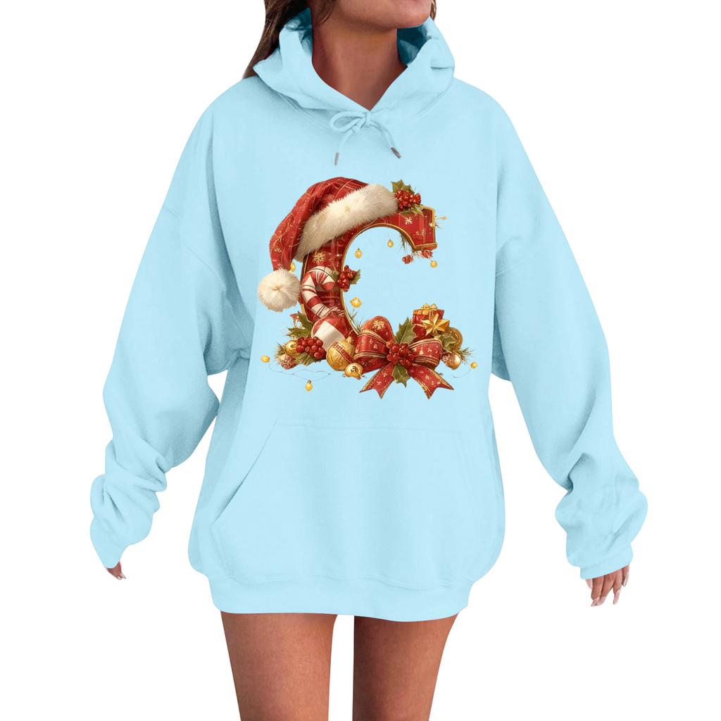 Women's Casual Comfortable Long-Sleeved Christmas Letter-Printed Warm Hooded Crew-Neck Sweatshirt