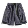Black Cargo Shorts Pocket Design Adjustable Purple Belt Lightweight Fabric Casual Loose Elastic Waist