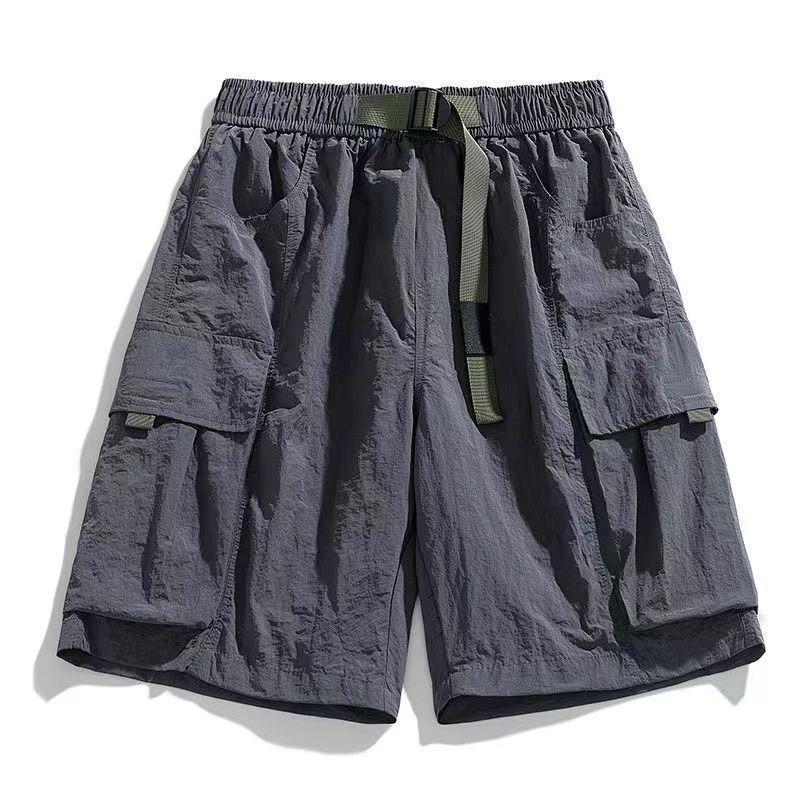 Black Cargo Shorts Pocket Design Adjustable Purple Belt Lightweight Fabric Casual Loose Elastic Waist