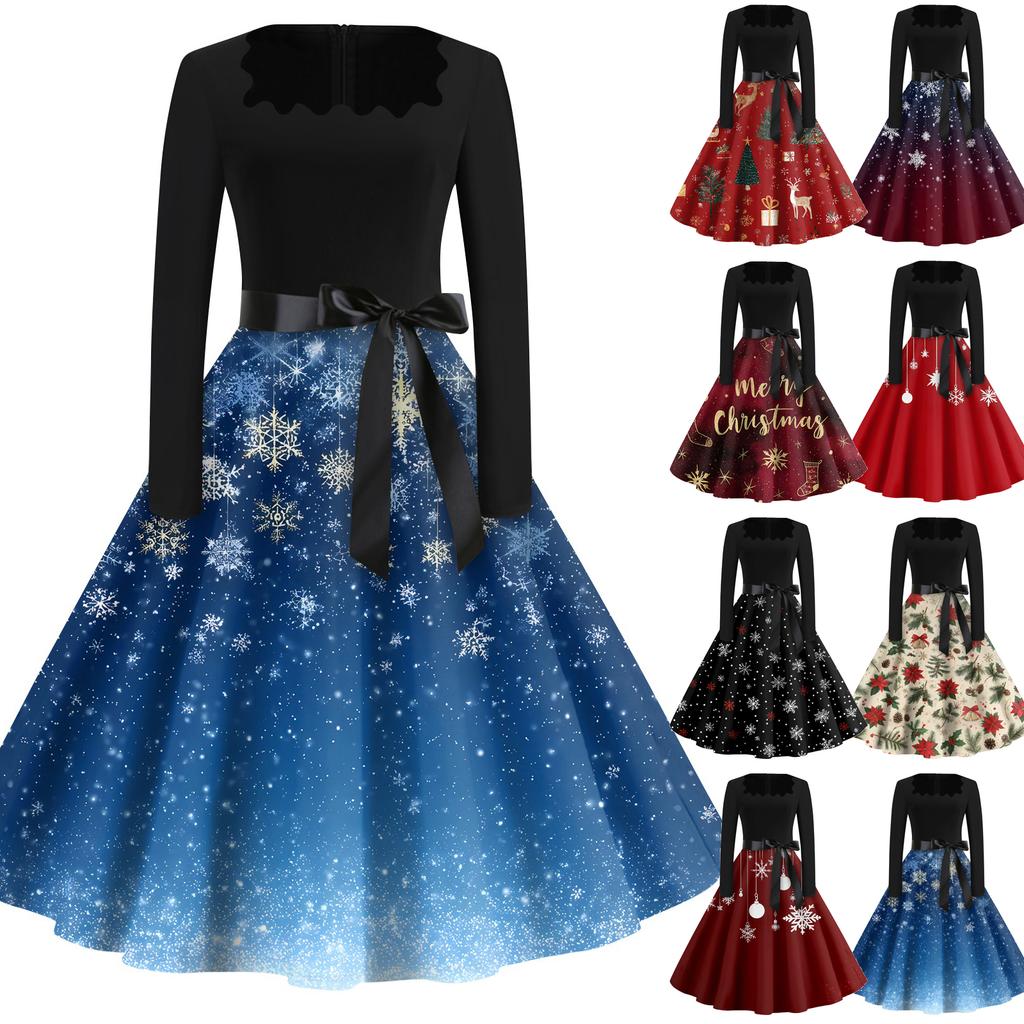 Christmas Print Flare Dress For Women Long Sleeve Dress Hollow Party Casual Square Collar Dresses