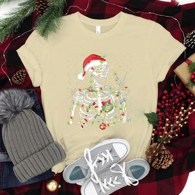 Christmas Santa Skull T Shirt Streetwear Unisexs Clothing Trendy Short Sleeve ONeck Tee Top Christmas Lights Skeleton Street Tees