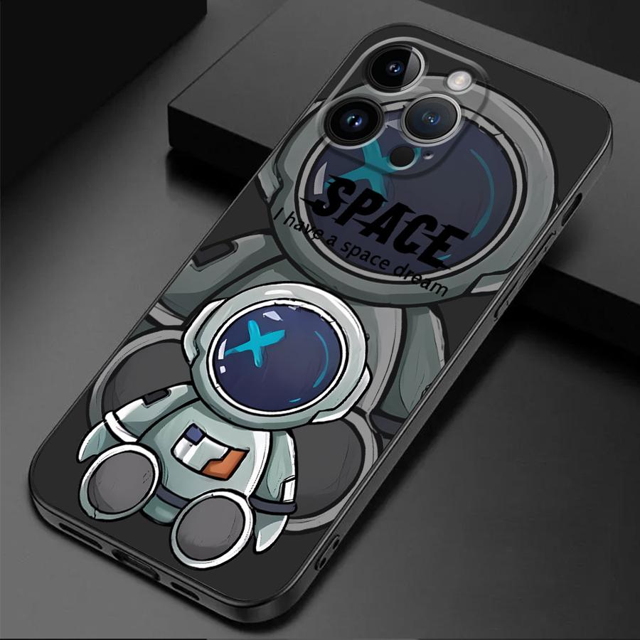 Luxury Space Astronaut Phone Case for iPhone 16 Pro 13 Pro 14 XR 12 Mini 15 Pro Max XS X 7 8 SE 11 13pro Cover Black Soft