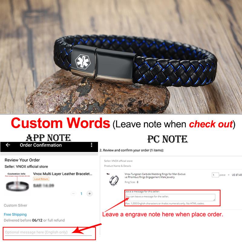 Vnox Bracciale ID Medico Personalizzato da Uomo Braccialetto in Pelle Intrecciata con Chiusura Diabete BPCO Alzheimer Gioielli Personalizzati