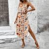 Women's Vintage Floral Print Sleeveless Dress Casual Waist Tie Midi Dress with Side Slit Summer Beach Dress
