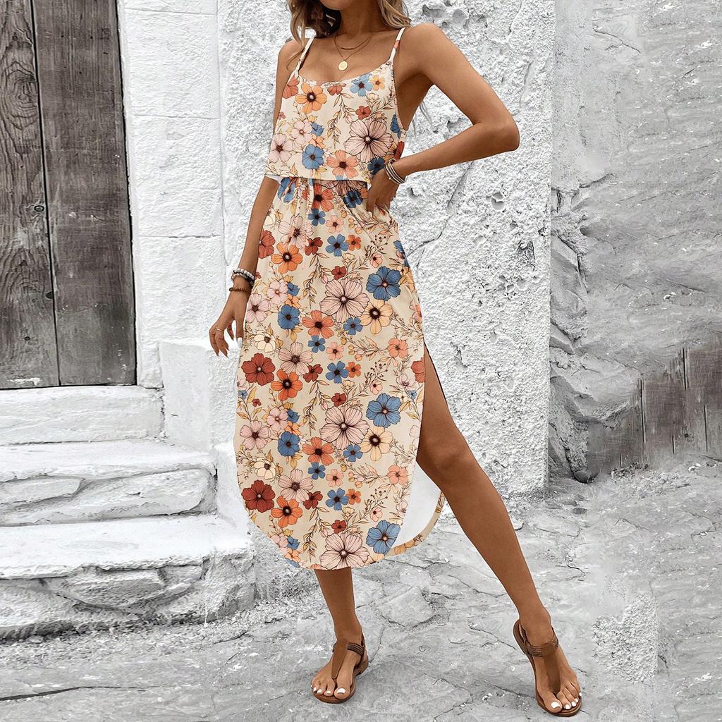 Women's Vintage Floral Print Sleeveless Dress Casual Waist Tie Midi Dress with Side Slit Summer Beach Dress