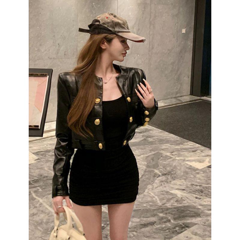 

Women s Black Leather Cardigan: French Style, Loose Fit, Long Sleeve Short Jacket Small