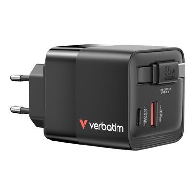 Ładowarka Ścienna Verbatim GaN 65W 1xUSB-C PD 3.0 1xUSB-A QC 3.0 Z Kablem USB-C PD 65W