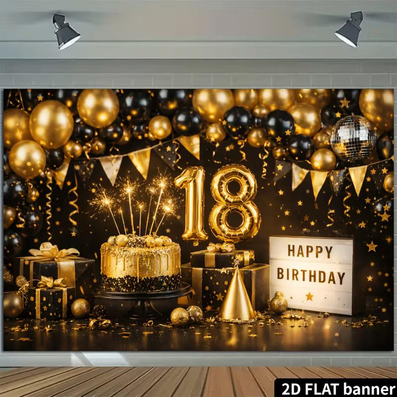 Sfondo 2D Nero Oro 18° Buon Compleanno Sfondo Fotografico Decorazione Festa