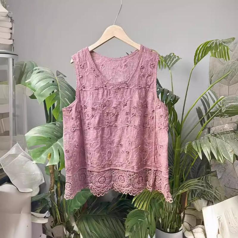 Embroidery, Embroidery, Cotton Embroidered Vest Top Women's Crew Neck Pullover Hollow Knitted Lace Sleeveless Bottom Solid Color T-Shirt