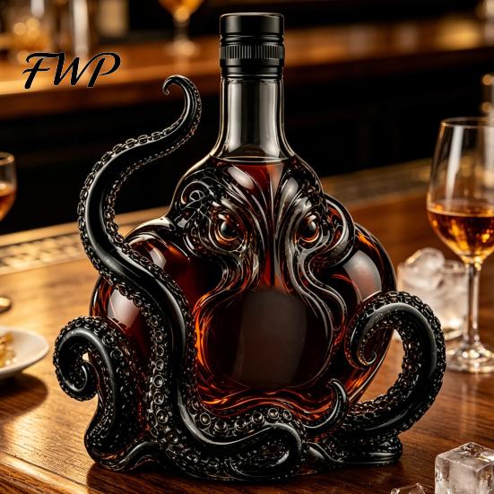 Octopus Wine Bottle 3D Whiskey Decanter, Nautical Art Collectible Bottle, 350ml Glass Unique Design Decorative Liquor Home Bar Decanter for