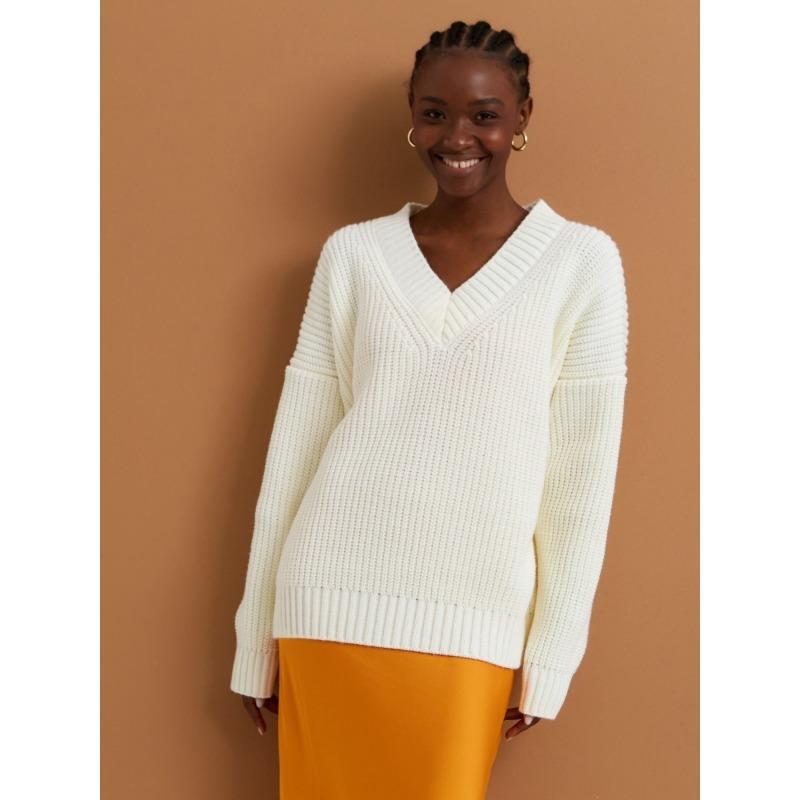 Женский осенне-зимний свободный повседневный джемпер с V-образным вырезом L белый — фото 10