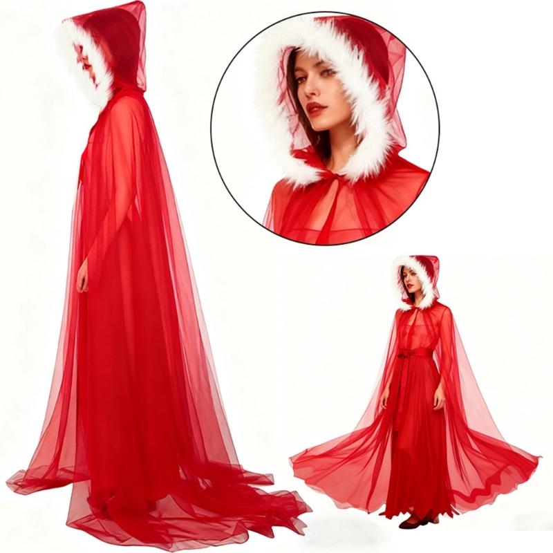 Mesh Hooded Cloak Robe Mrs Santa Clauses Costume Cape Halloween Christmas Costumes for Women Girls Wizard Robe Gifts