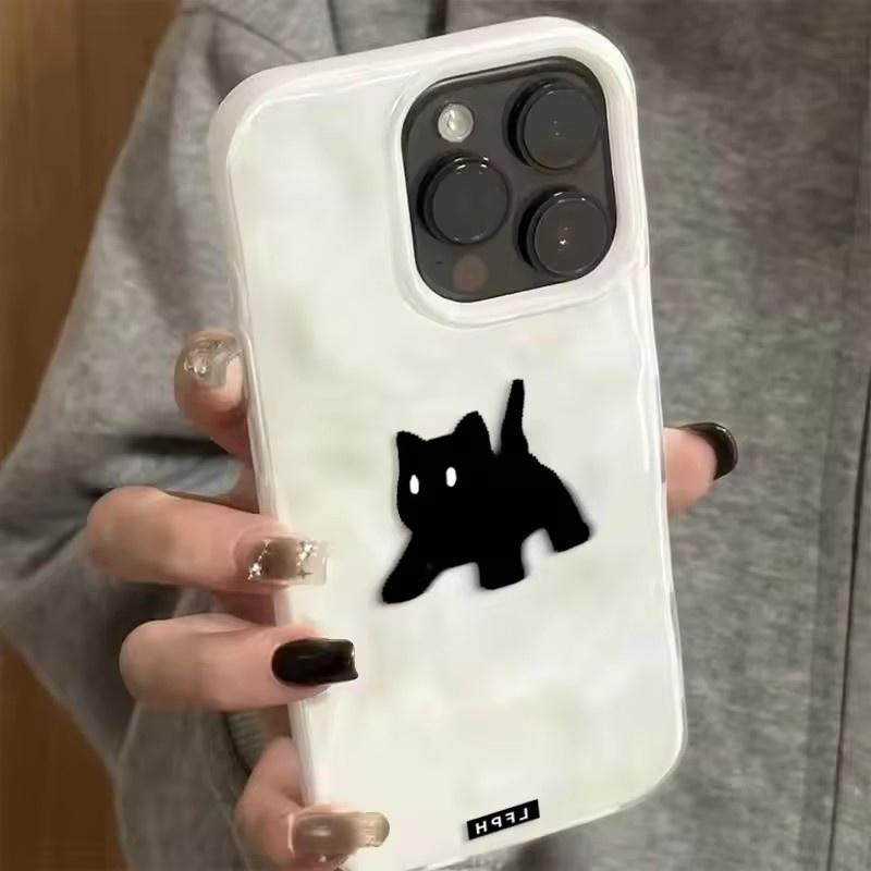 Cute Black Fuzzy Cat Shockproof Phone Case For iPhone 17Air 16 15 14 12 13 11 Pro Max Candy Color Wave Pattern Protective Cover