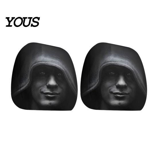 Easy to Install Vehicle Headrest Protectors 2PCS Car Cover with Scary Face Printing, Breathable Stretch Knitted Knit Fabric Dust Cover, Halloween
