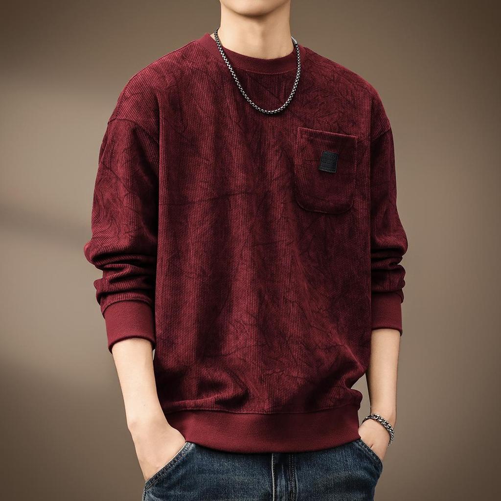 Men's Heavyweight Wool Hoodie - Spring/Autumn Round Neck, Loose Long Sleeve T-shirt, Printed Casual Base Layer
