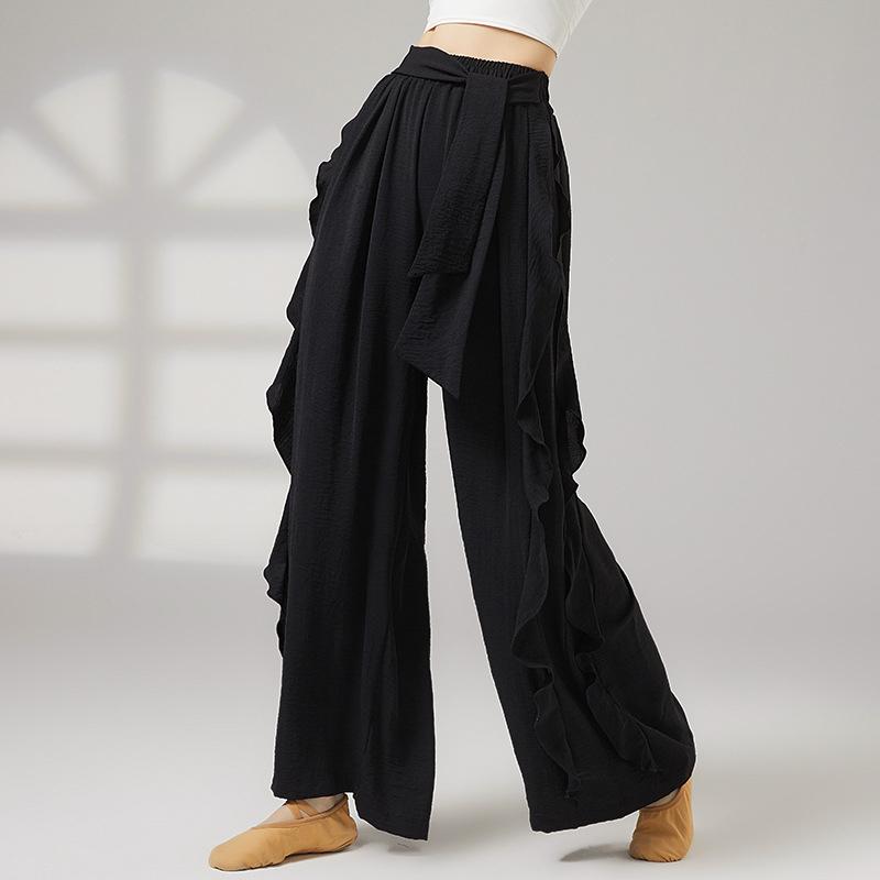 

Classical Dance Pants Women Ruffles Splicing Side Loose Wide-Leg Trousers Elastic Waist Soft Yoga Daily Stage Training Dancewear XS