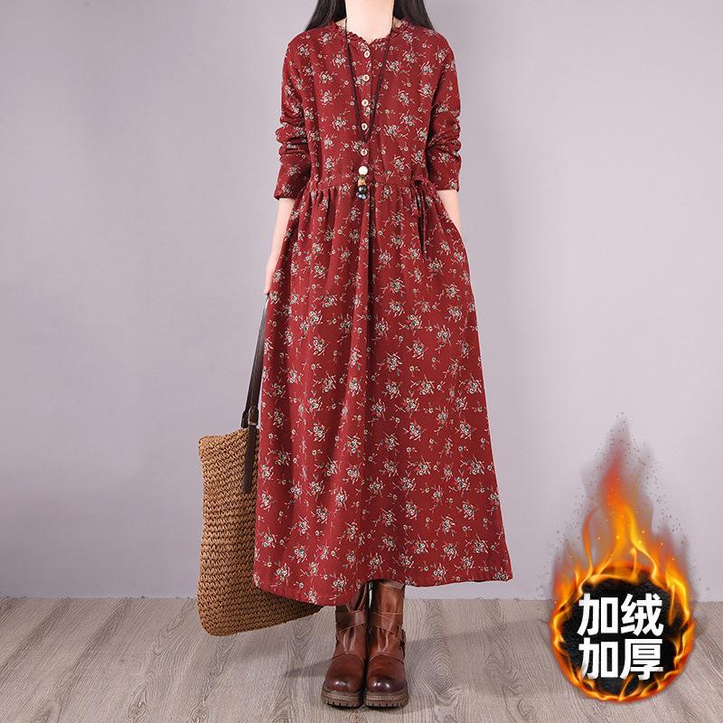 Printed round neck long-sleeved cotton and linen dress for women's 2025 spring and autumn new loose velvet retro floral dress