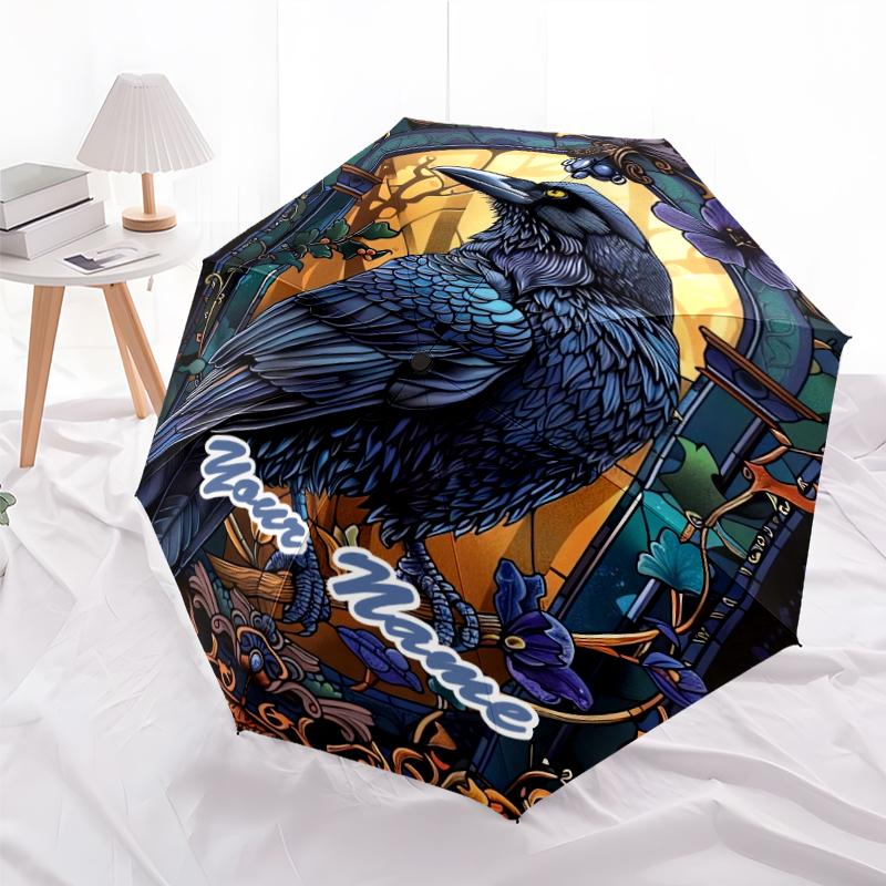 1PC Custom Name Elegant Raven Artwork Automatic Folding Umbrella Compact Travel Umbrella for Men & Women, Ideal Gift for Christmas, Birthdays, Hallowe