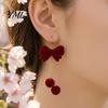 Red Christmas Dangle Earrings 1 Pair Velvet Bow for Women, Bowknot Drop Charming Holiday Party Jewelry with Ball Charm, Gift New Year Xmas Festival