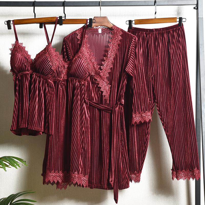 Bademantel mit Spitzenrand, Samt-Pyjama, 4-teiliges Pyjama-Set, lockere Samt-Hauskleidung, neue Herbst- und Winter-Pyjama-Hauskleidung für Damen
